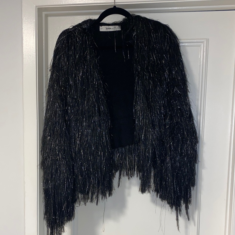 Zara Black Shaggy Metallic-Thread Open Cardigan